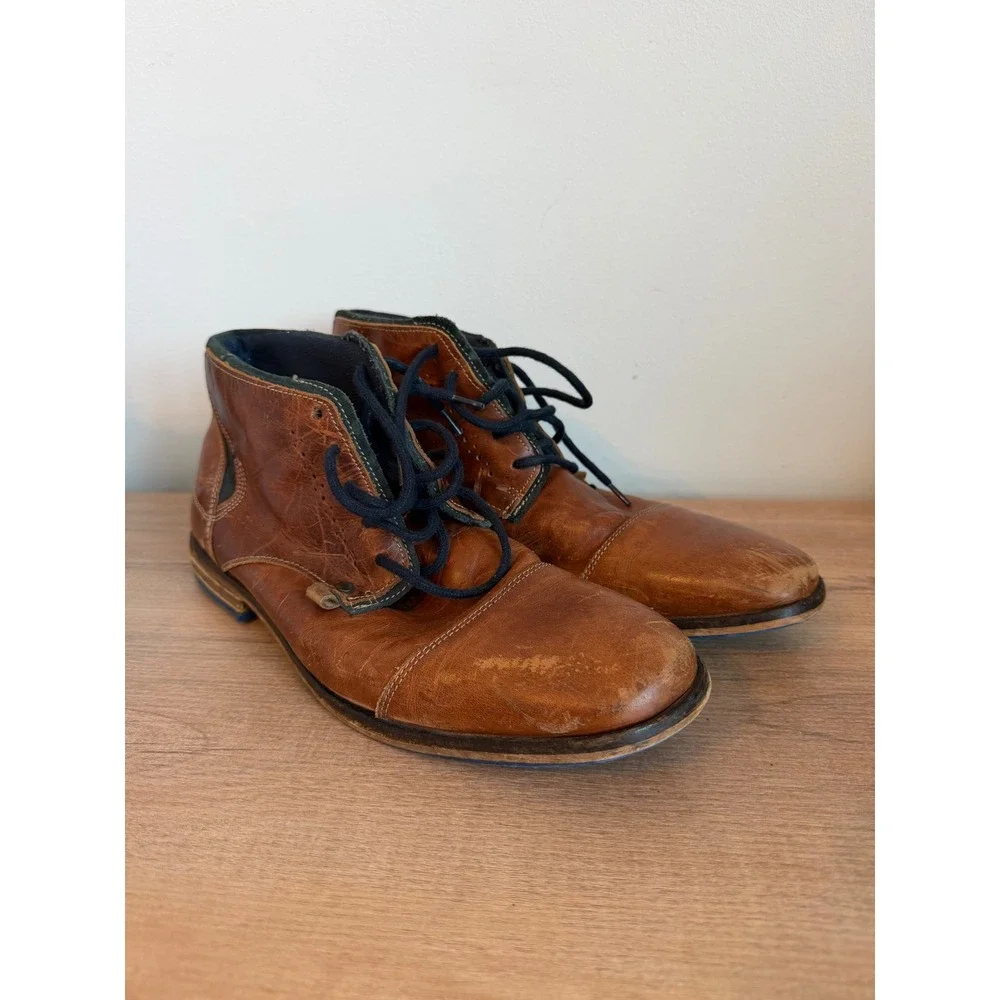 Dune London Chopper Tan Leather Chukka Boots Mens 42 EU 9 US Brown Blue Sole